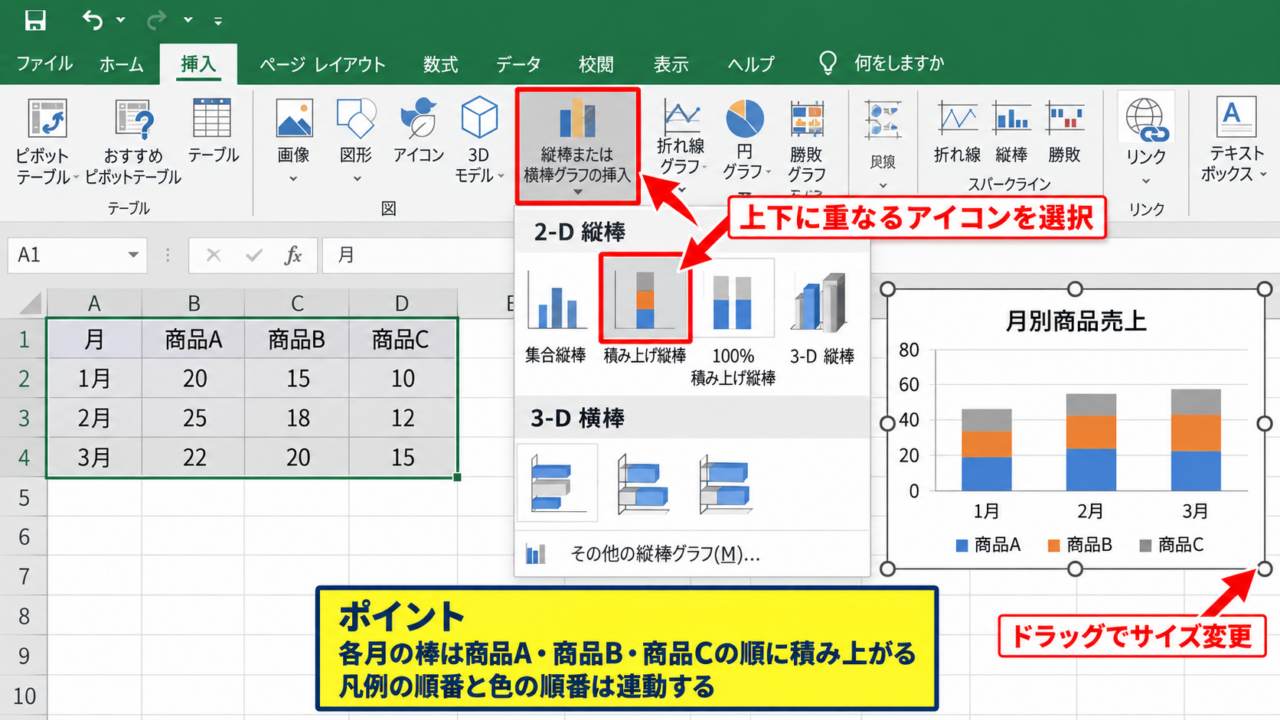 エクセルで積み上げ縦棒グラフを作成する手順 - 挿入タブから積み上げ縦棒を選ぶ操作