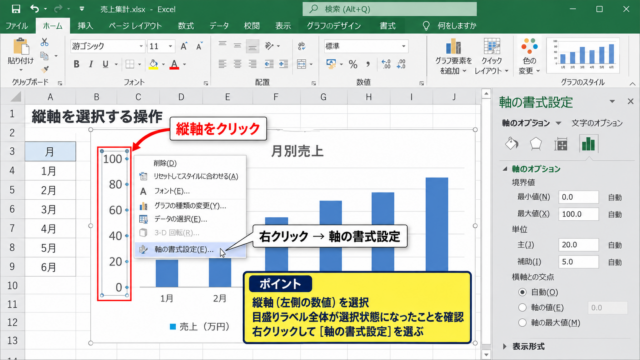 グラフの目盛りを変更する基本操作 - 縦軸を選択する操作
