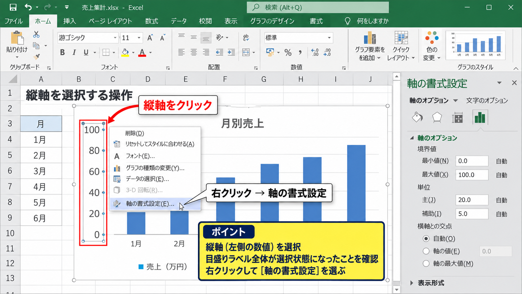 グラフの目盛りを変更する基本操作 - 縦軸を選択する操作