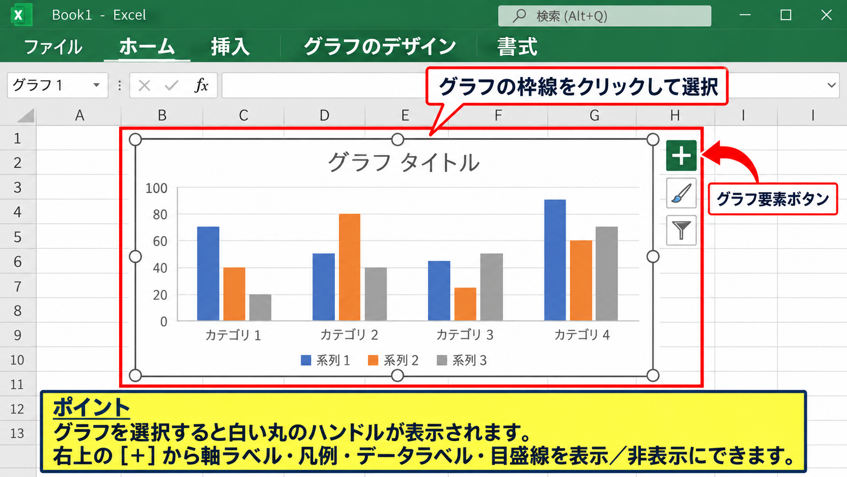 エクセルのグラフタイトルを追加する方法【グラフ要素の表示】 - グラフ選択とプラスボタンの確認