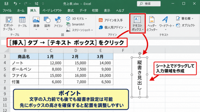 エクセルのテキストボックスを縦書きにする方法 - 挿入タブからのテキストボックス作成