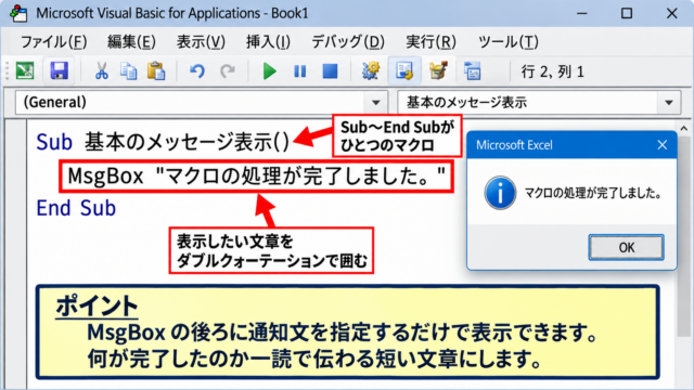 エクセルでメッセージボックスを表示する基本コード - MsgBox関数の書き方