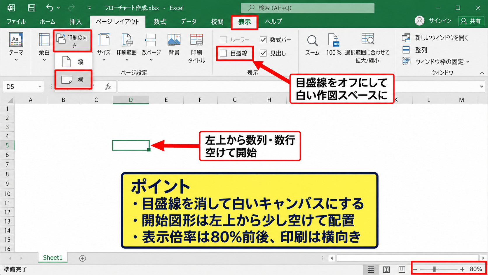 エクセルでフローチャートを作る手順【図形の挿入】 - 新しいワークシートと作業領域の準備【作図しやすい余白】