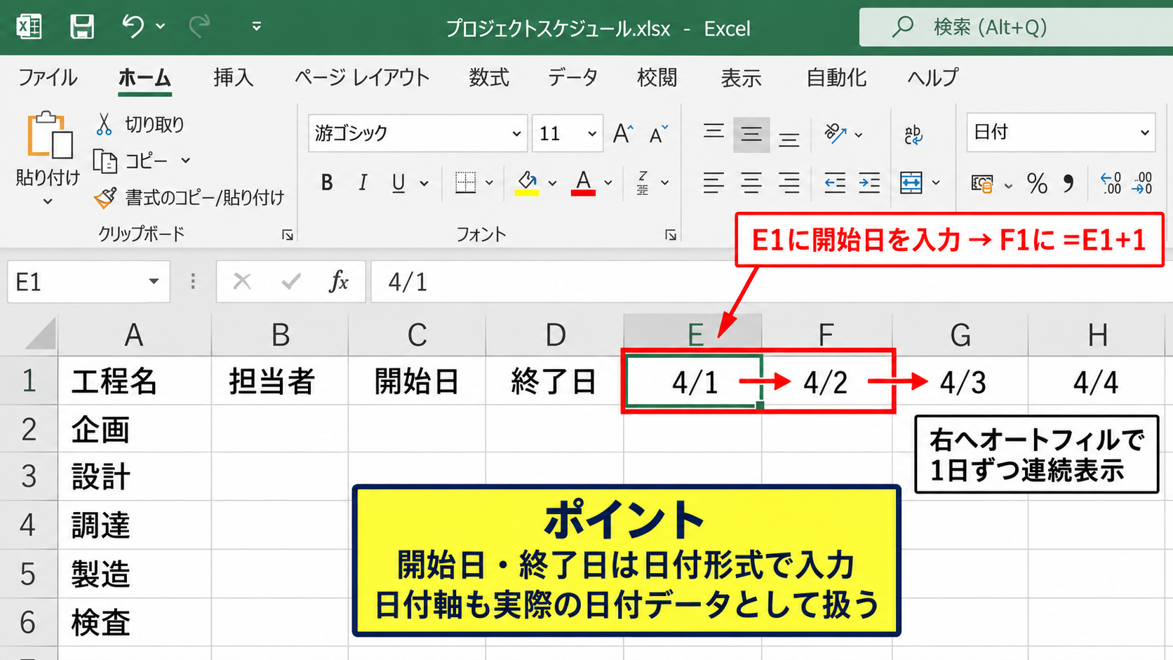 エクセルで工程表を作成する基本手順 - 項目と日付軸の配置