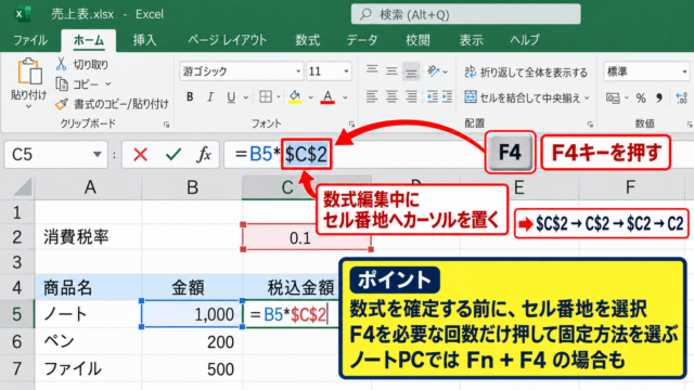 エクセルで範囲を固定する方法【ドル記号による絶対参照】 - F4キーによる参照形式の切り替え