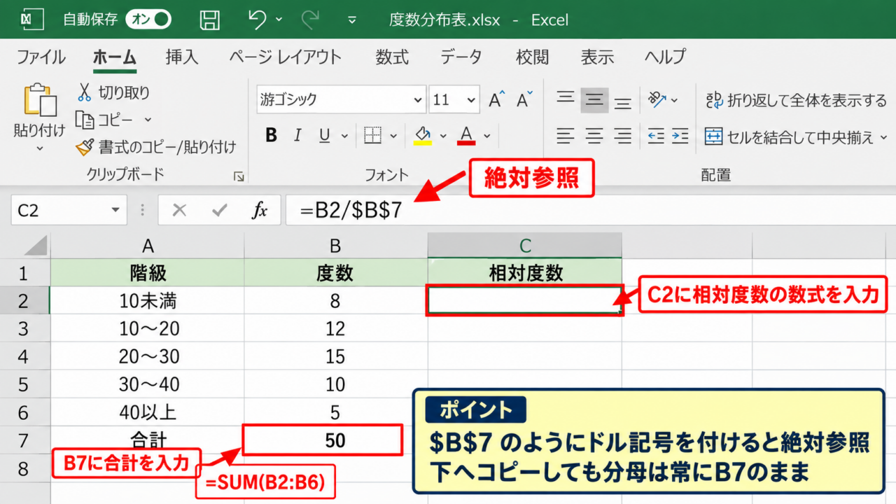エクセルで相対度数を計算する方法 - 基本数式の入力