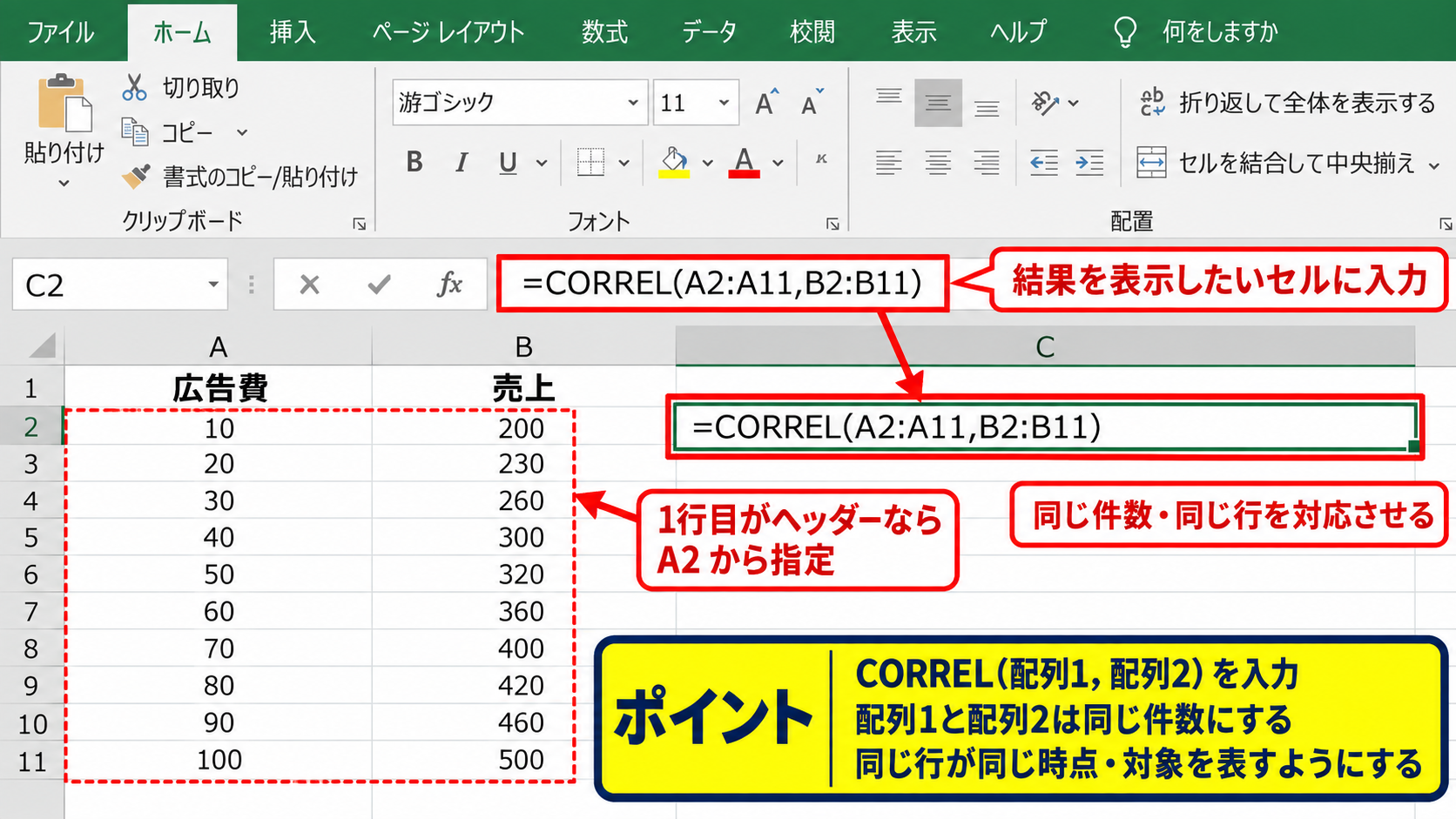 エクセルでCORREL関数を入力する方法 - CORREL関数の構文