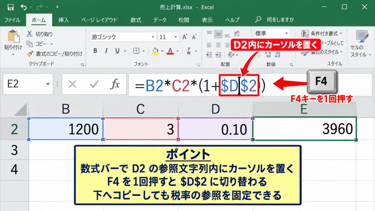 F4キーで絶対参照に切り替える操作 - 数式バーで参照先を選ぶ操作
