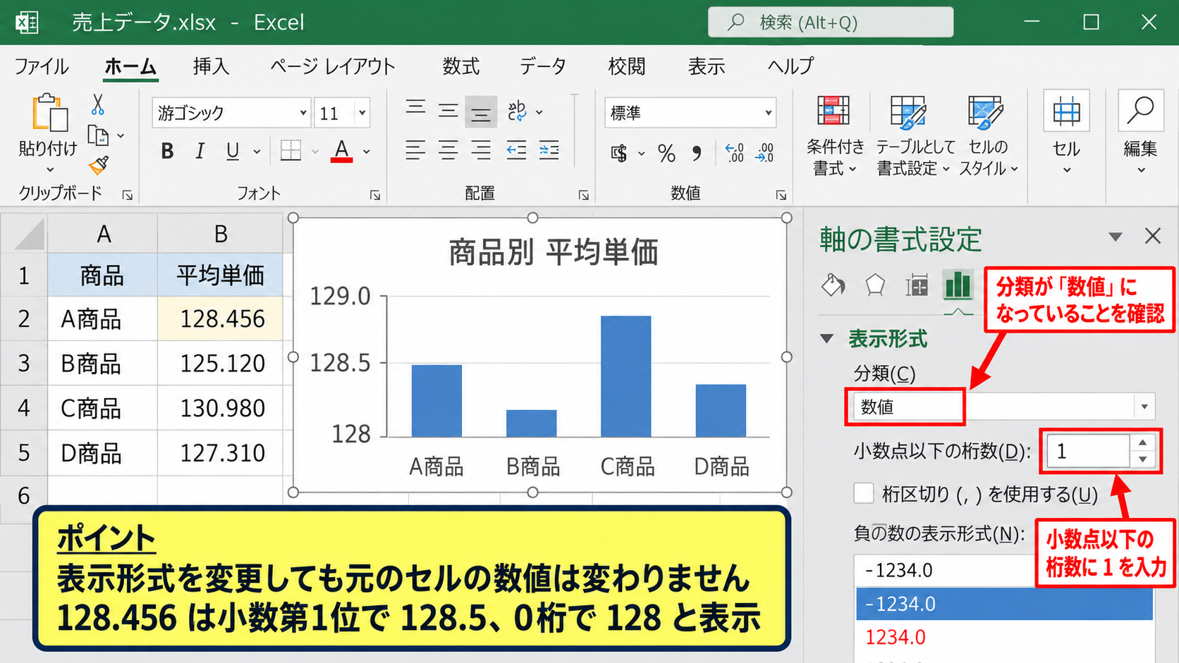 グラフの縦軸で小数点以下を変更する操作 - 表示形式の設定
