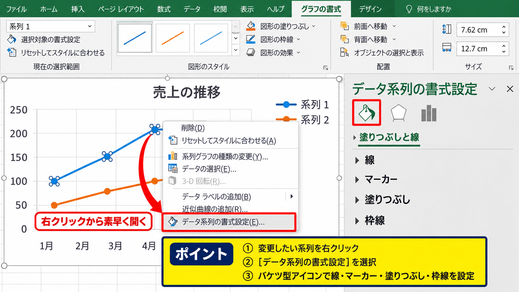 エクセルのグラフのマーカー変更手順 - データ系列の書式設定画面