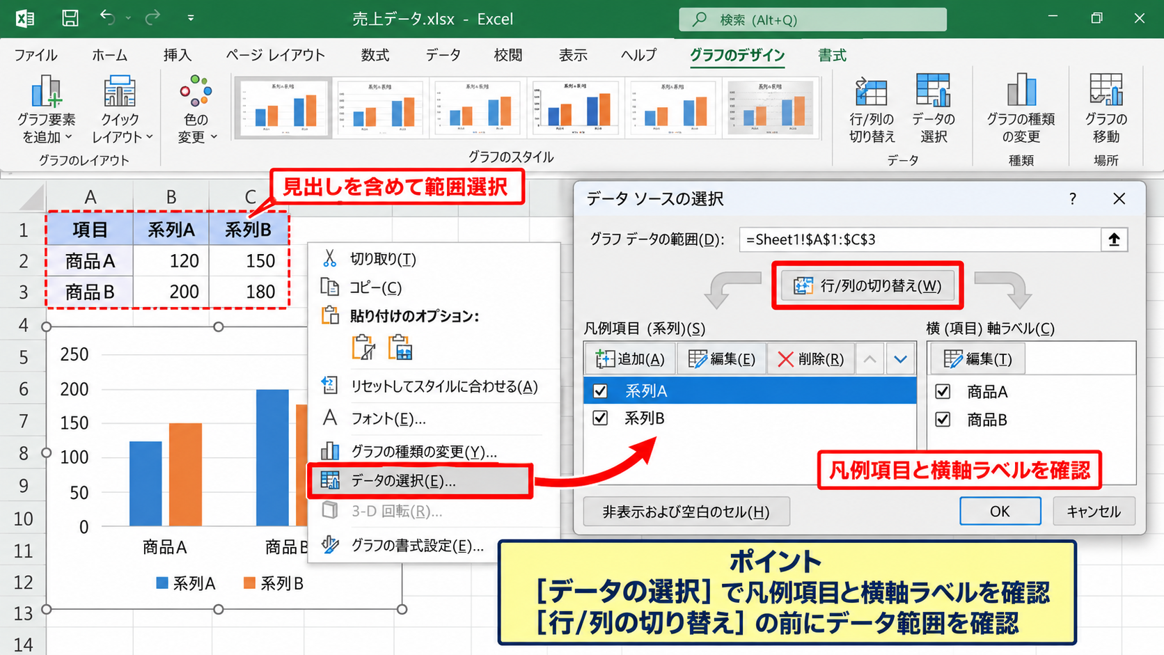 エクセルでグラフの行列を入れ替える方法 - 右クリックメニューからのデータ選択