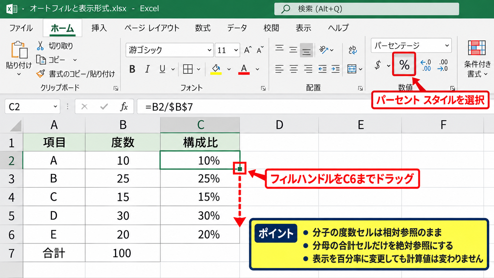 エクセルで相対度数を計算する方法 - オートフィルと表示形式
