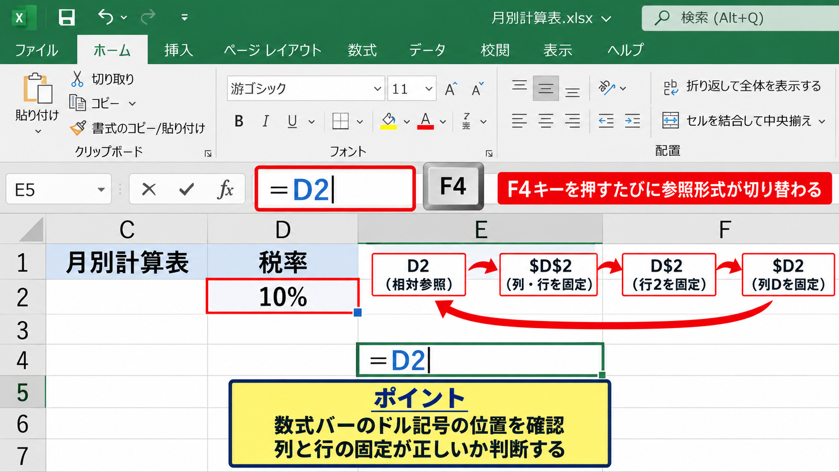 F4キーで絶対参照に切り替える操作 - F4キーを繰り返して参照形式を選ぶ操作