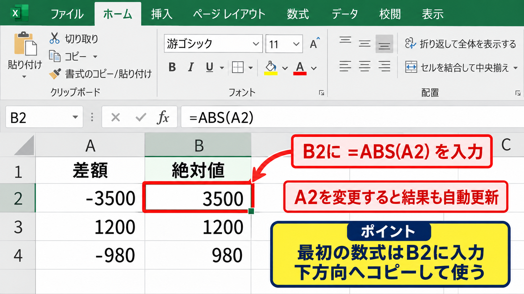 エクセルで絶対値を求めるABS関数の入力方法 - セル参照による絶対値の算出