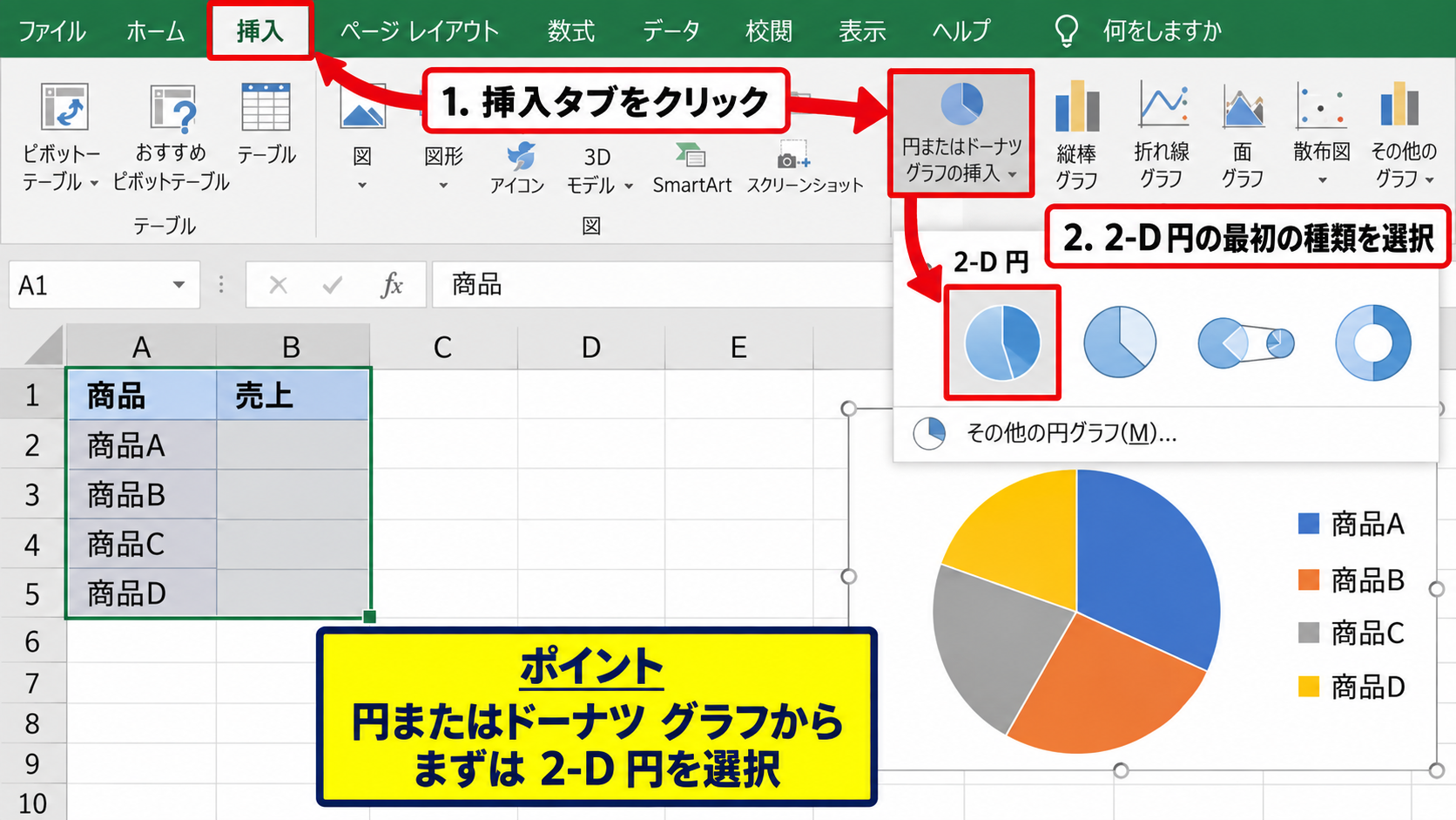 エクセルで円グラフを作成する基本操作 - 挿入タブから円グラフを選ぶ手順