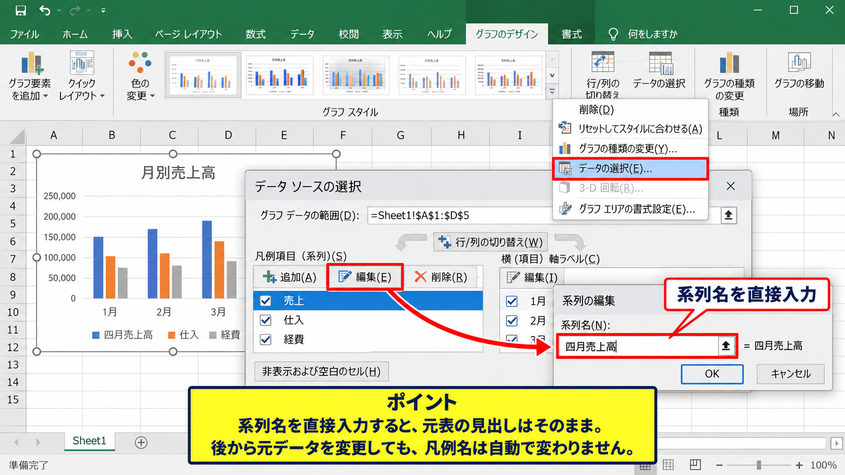 エクセルのグラフの凡例名を変更する方法 - データの選択から系列名を変更する手順