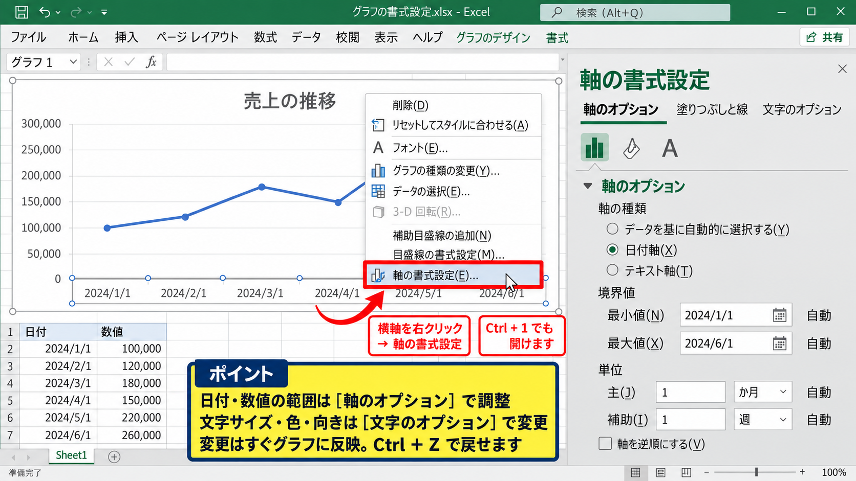 エクセルのグラフの横軸を編集する基本操作 - 軸の書式設定を開く手順