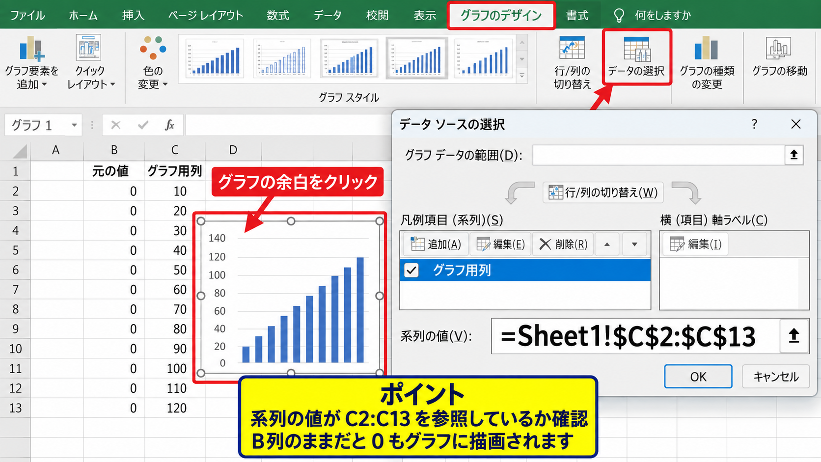 折れ線グラフの空白セルを処理する設定 - データの選択画面を開く操作