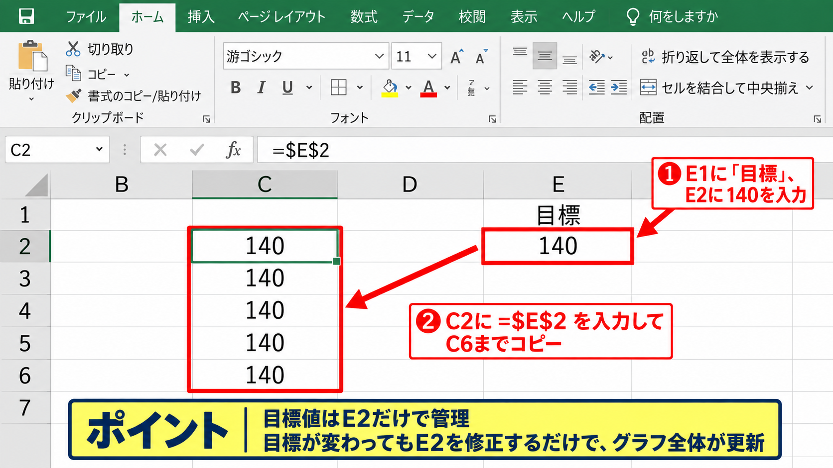 目標値を示す横線の作成手順 - 固定目標値を入力するセル