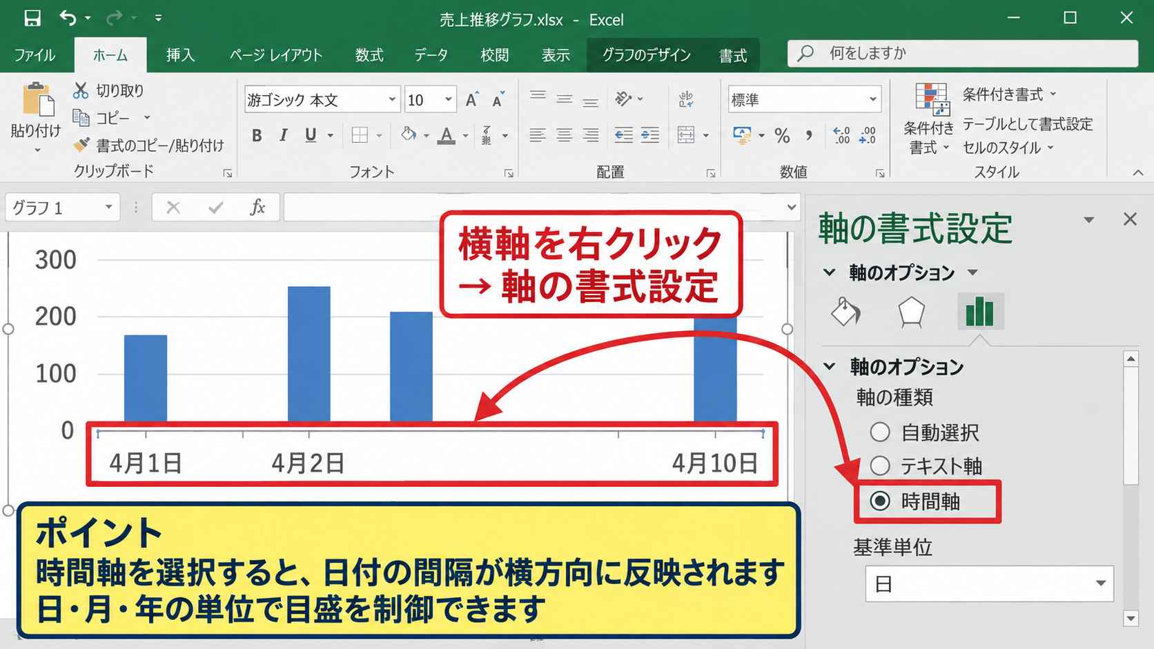 時間軸とテキスト軸の選択 - 軸の種類の変更