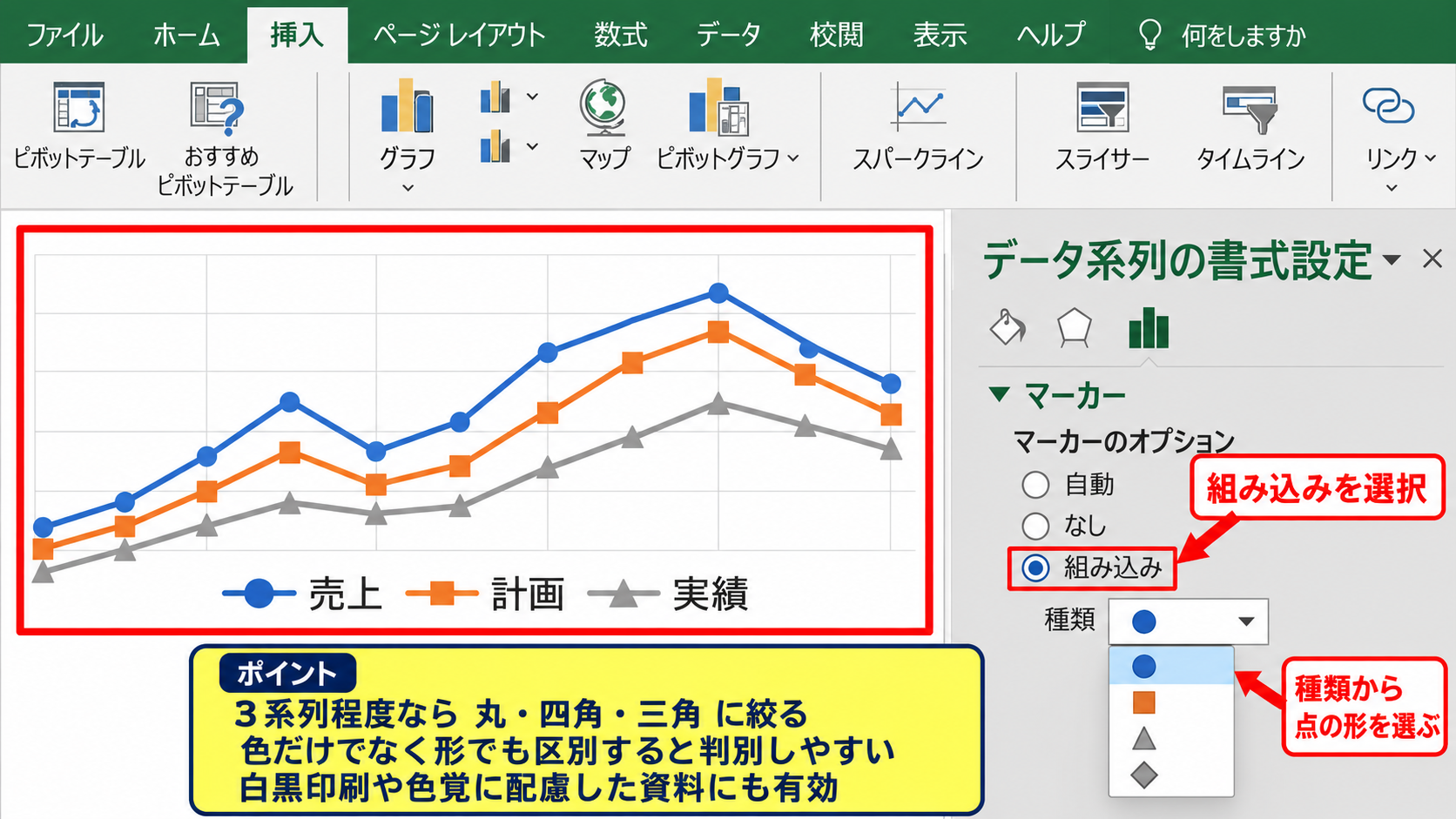 折れ線グラフの点の形と大きさ - 組み込みマーカーの形状選択