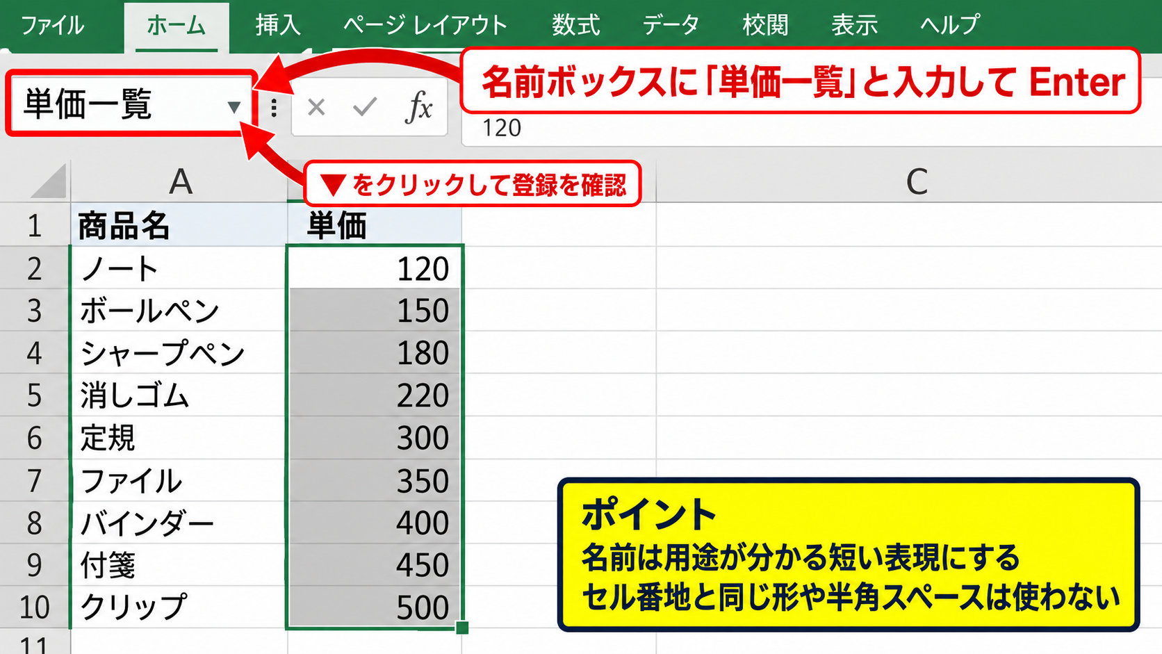 名前付き範囲の作成と名前の変更 - 選択範囲へ名前を入力する操作