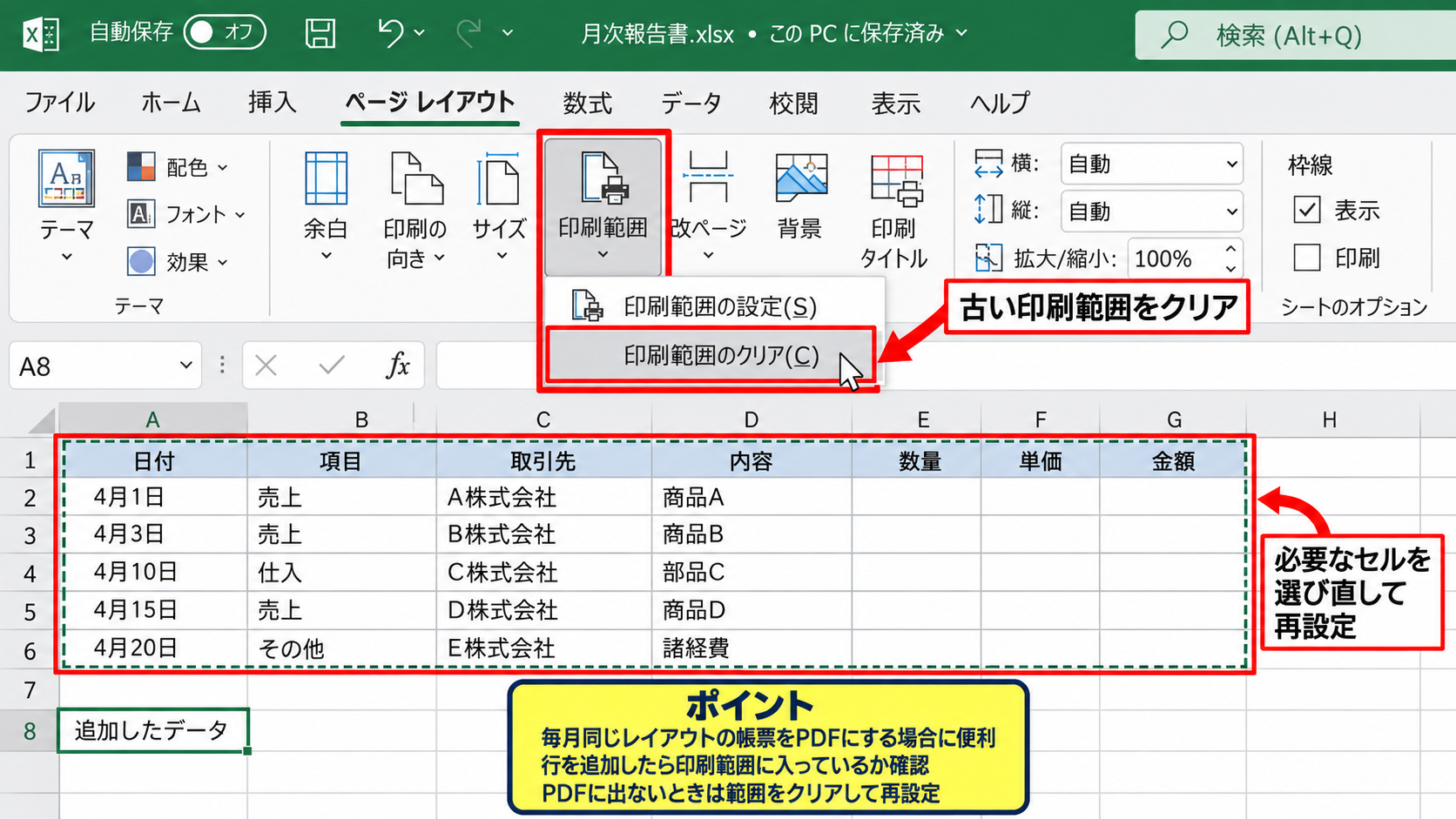 印刷範囲と選択した部分の発行設定 - 印刷範囲を発行する場合