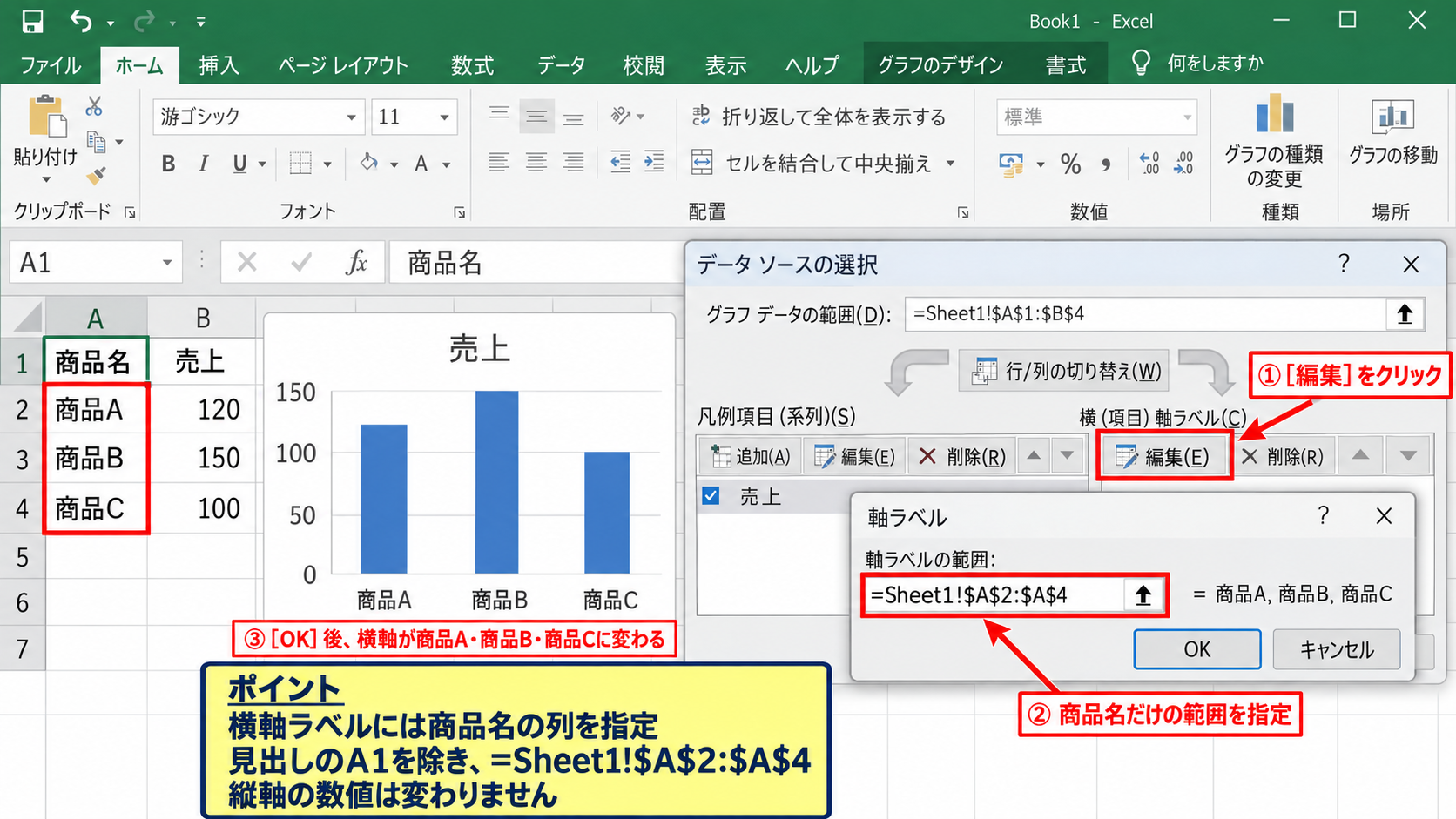 横軸のデータ範囲を変更する方法【項目軸ラベル】 - 横軸ラベルの編集画面