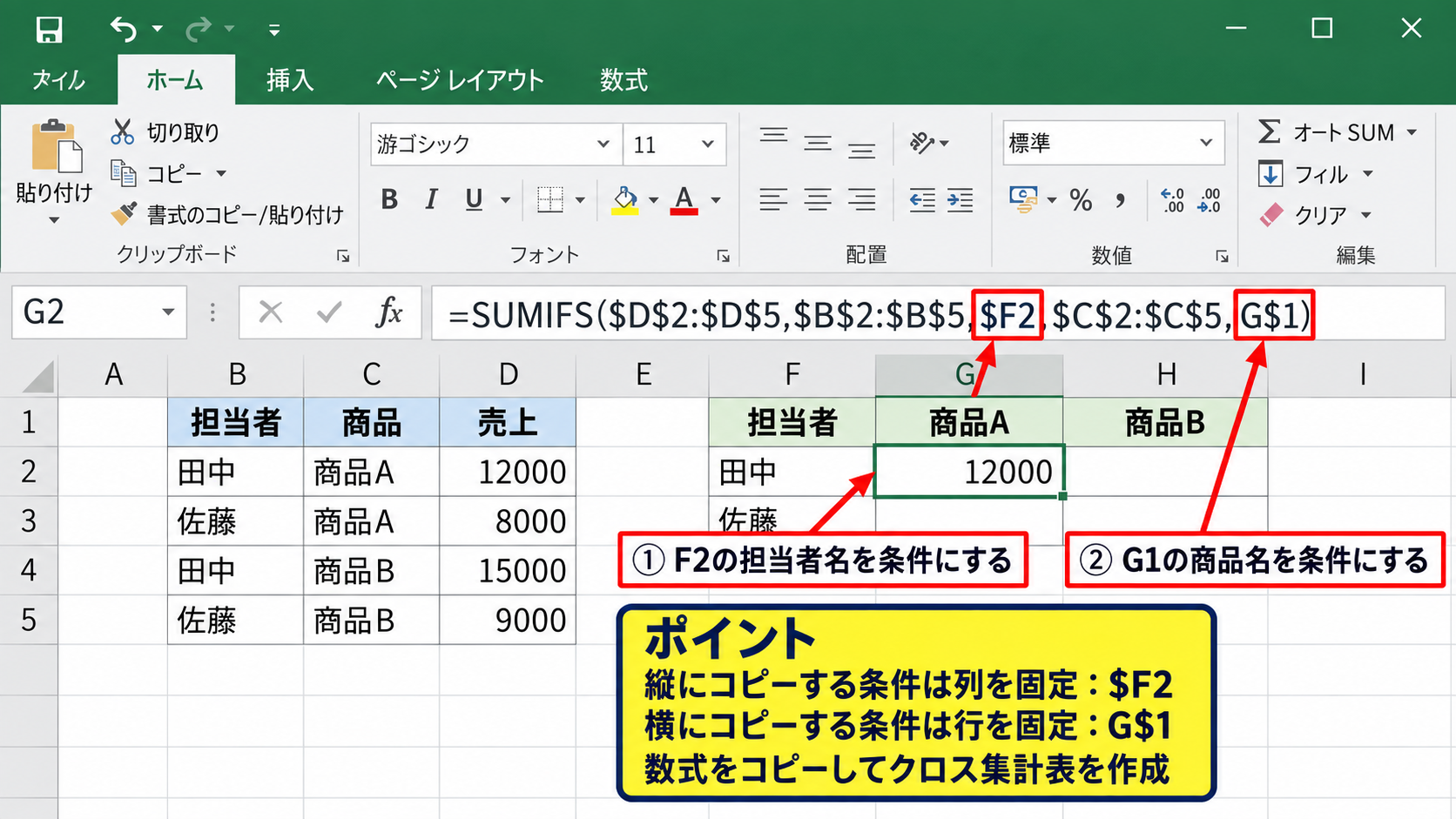 SUMIFS関数による複数条件の集計方法 - セル参照を使った集計表の作成