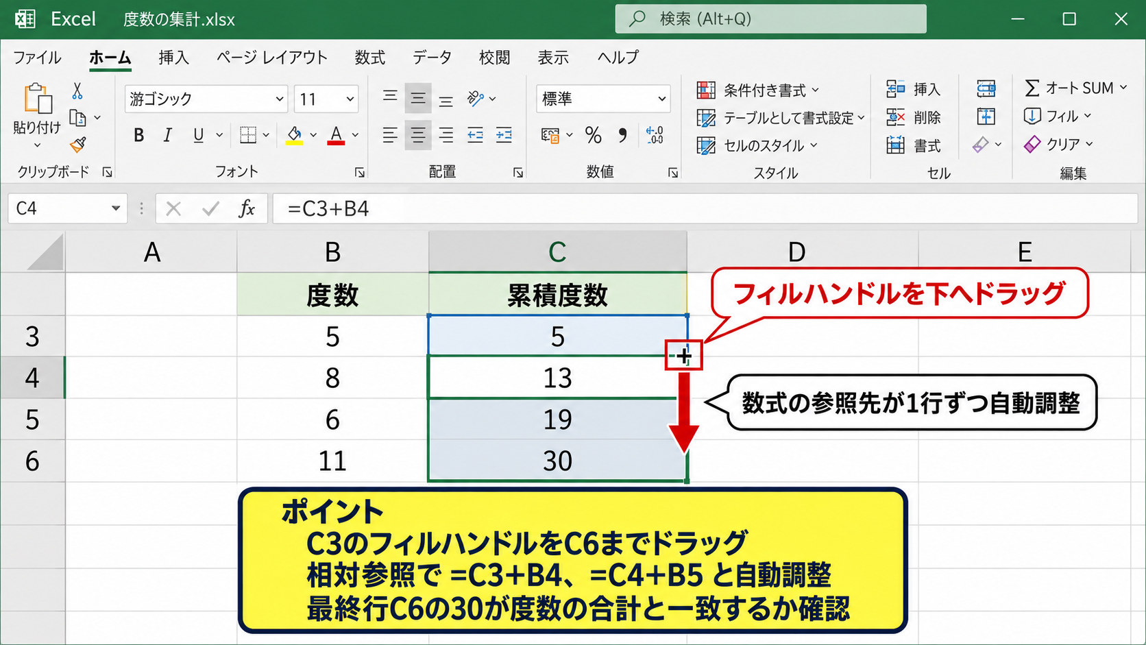 オートフィルによる累積度数のコピー - フィルハンドルを使った下方向へのコピー