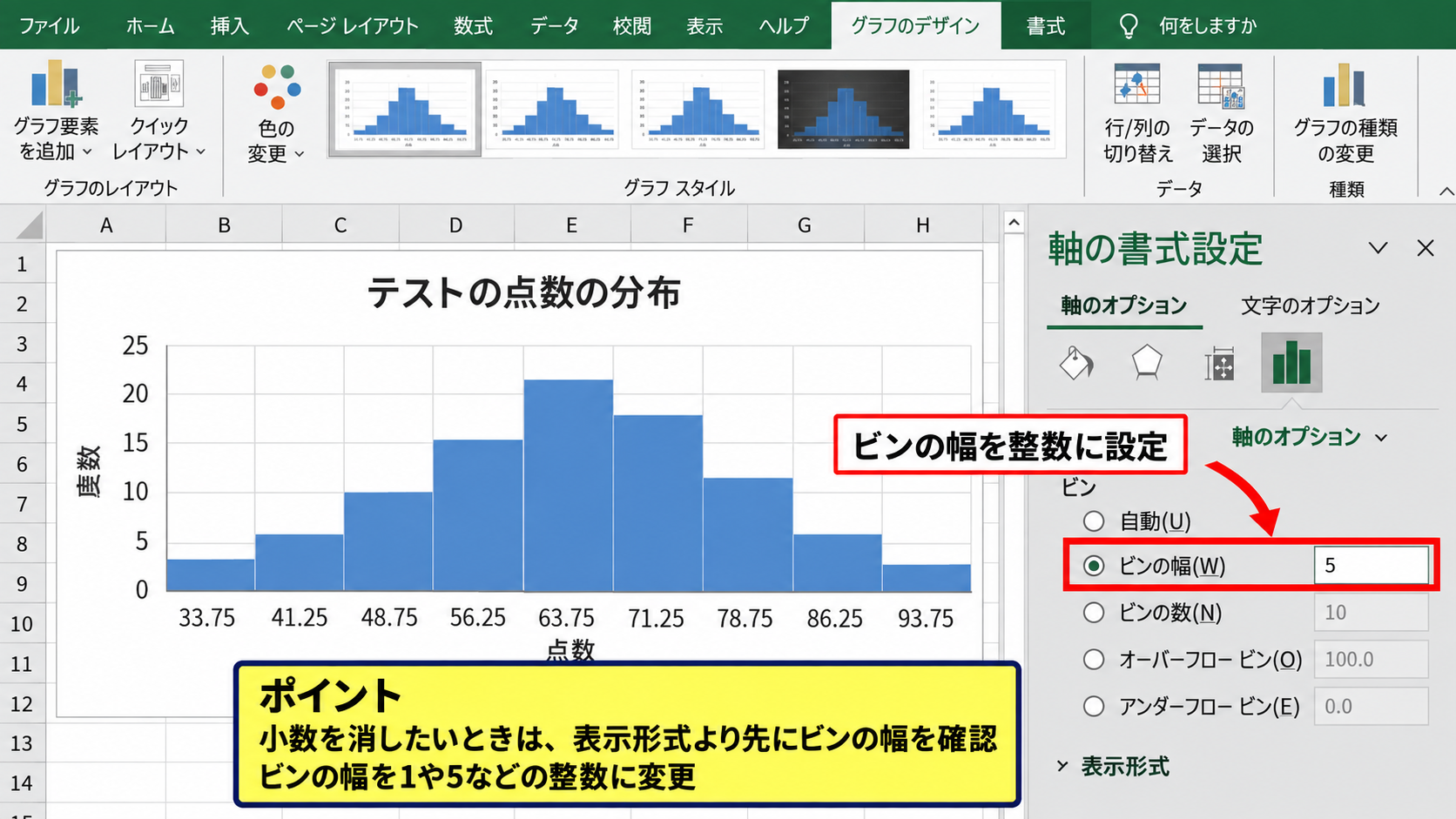 ヒストグラムの横軸目盛りと表示形式の調整 - 目盛りが小数になる原因