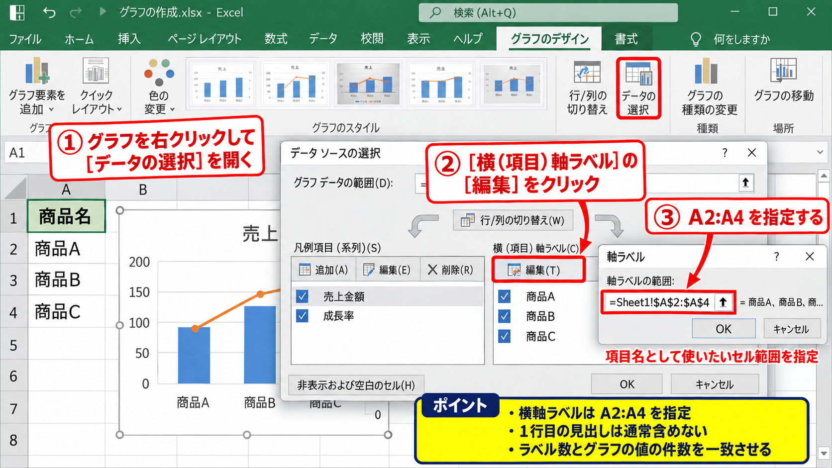 横軸の項目名を変更する方法 - データの選択画面による項目名の指定