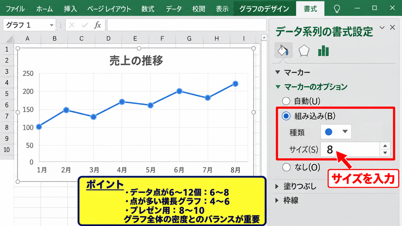 折れ線グラフの点の形と大きさ - マーカーサイズの調整