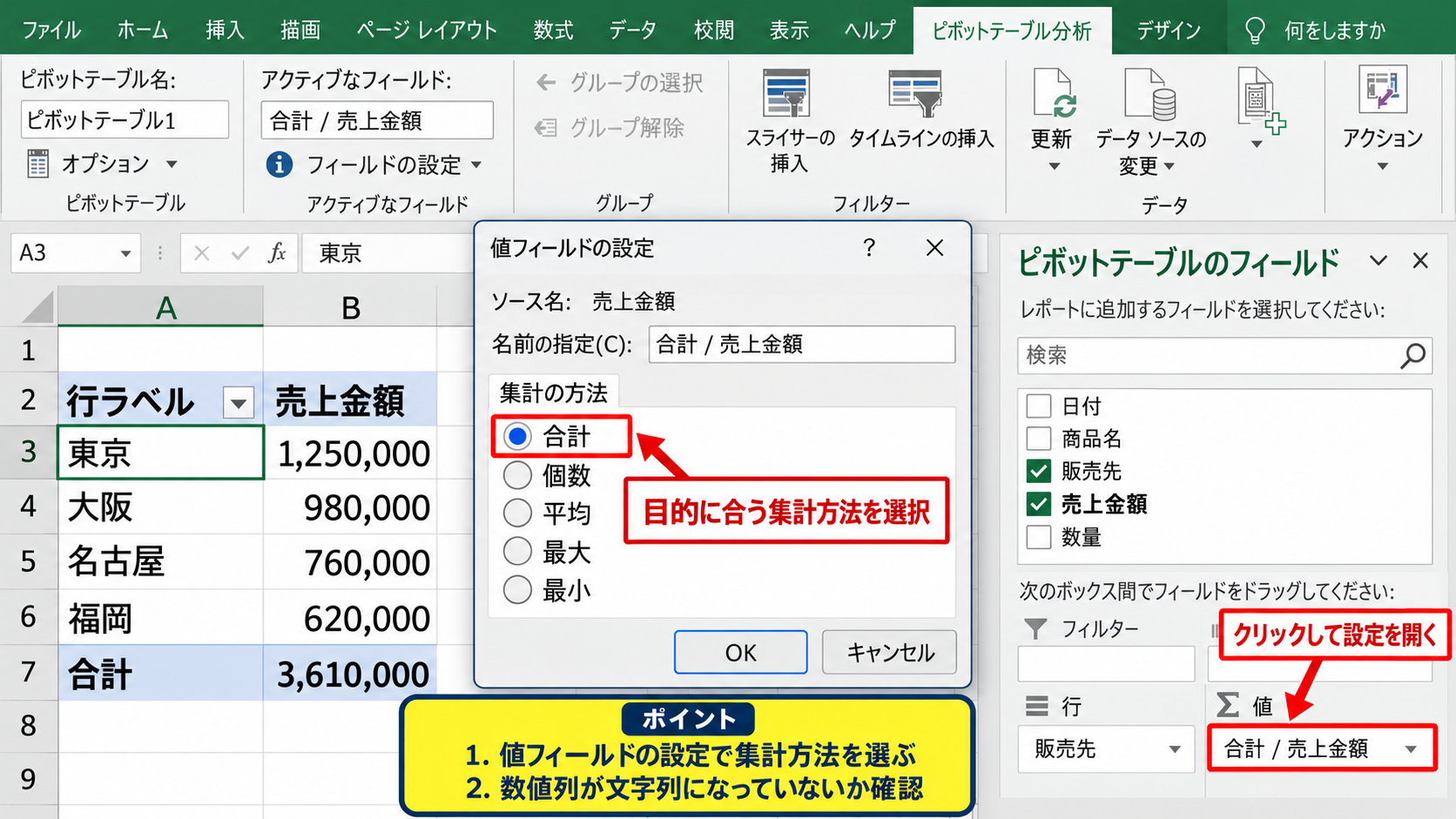 ピボットグラフの項目を変更する操作 - 値フィールドの集計方法を変える設定