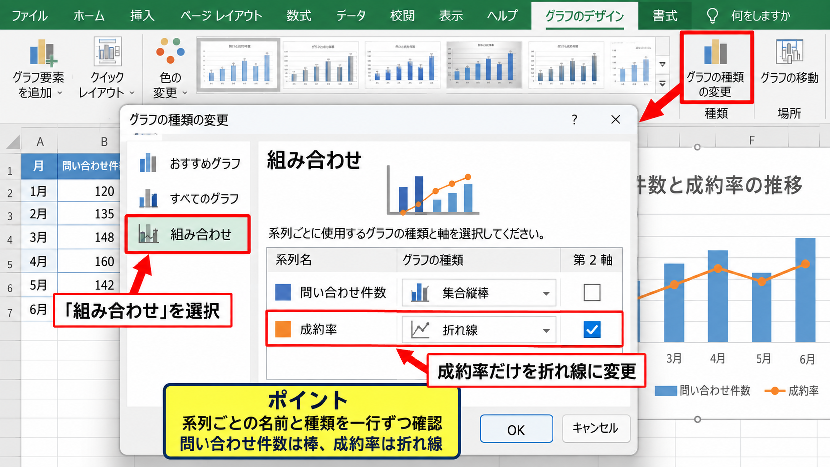 既存グラフの種類変更【棒から折れ線】 - グラフの種類の変更