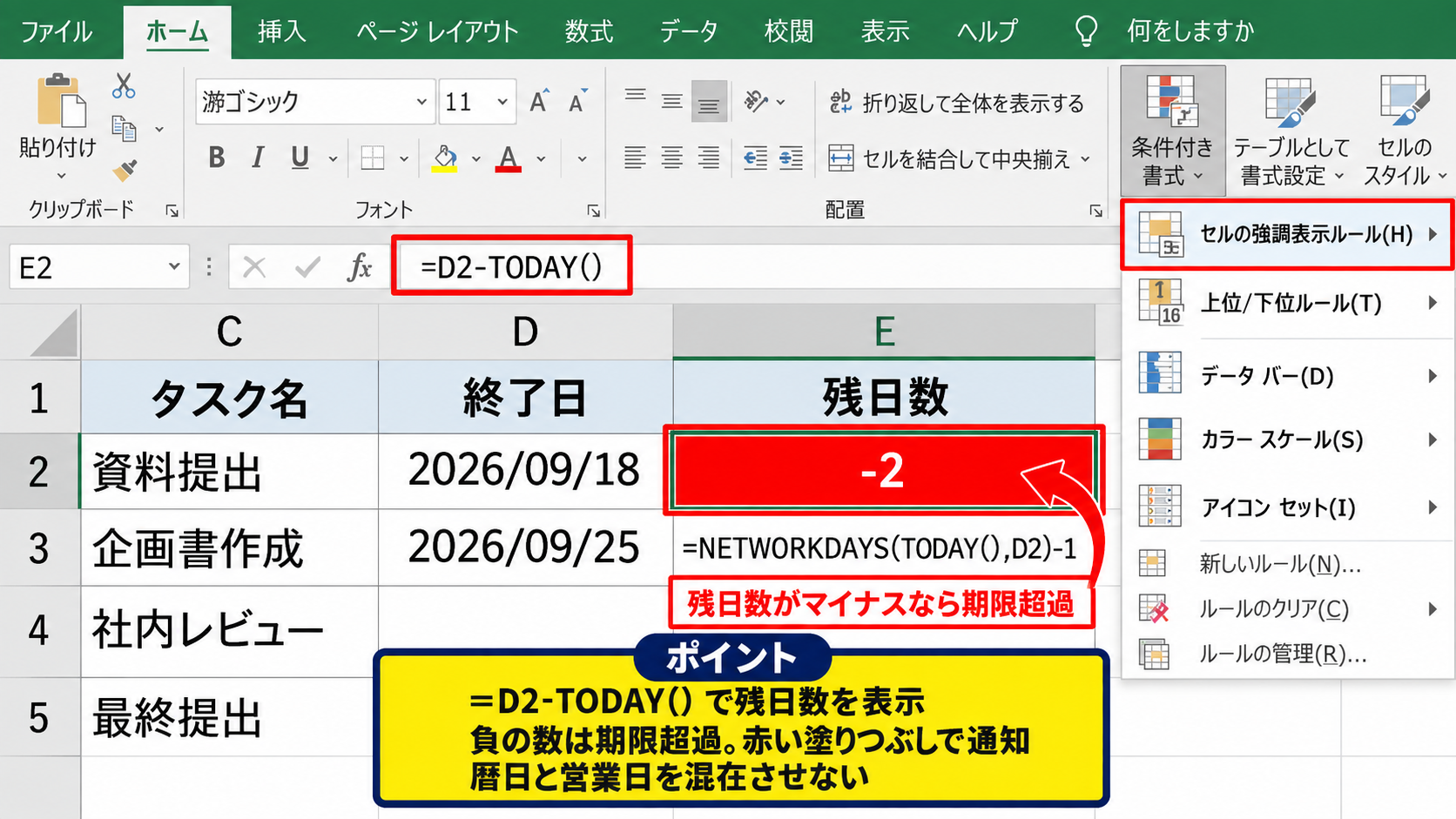 関数を使った工程表の日付と進捗管理 - 残日数と期限超過の判定