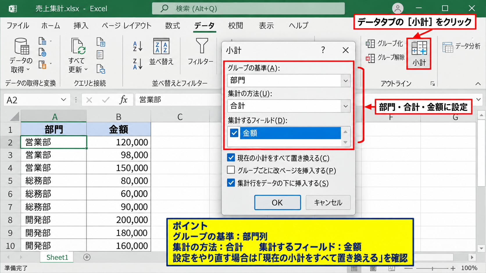 データタブの小計機能による中計の作成 - 小計ダイアログでの集計設定