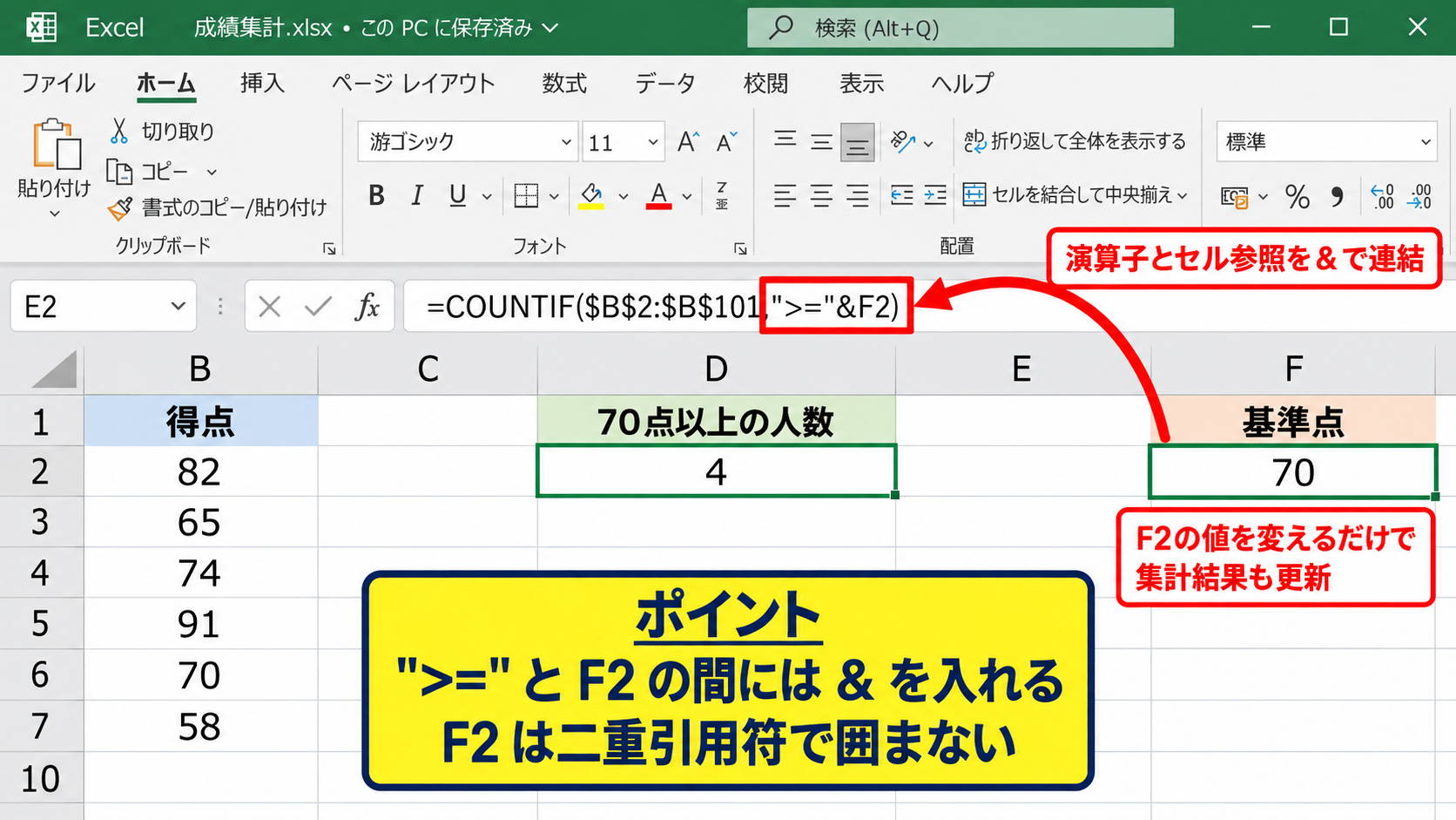 条件付き度数と比較演算子の指定 - セル参照と演算子をつなぐ指定