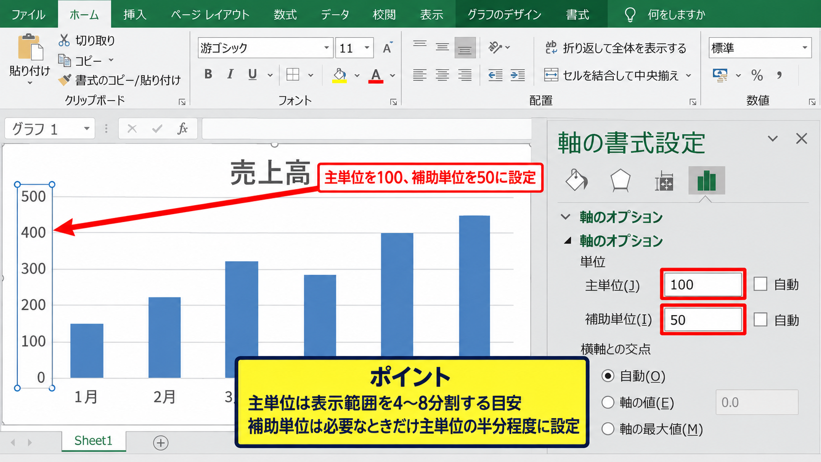 縦軸の間隔と単位の調整 - 主単位と補助単位の設定