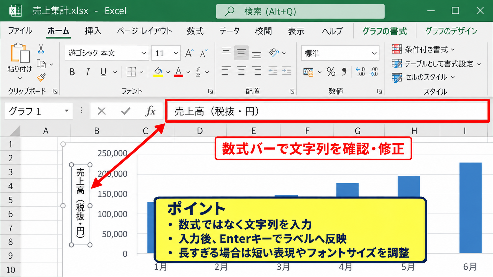 軸ラベルの文字を編集する手順 - 数式バーを利用した文字列の修正