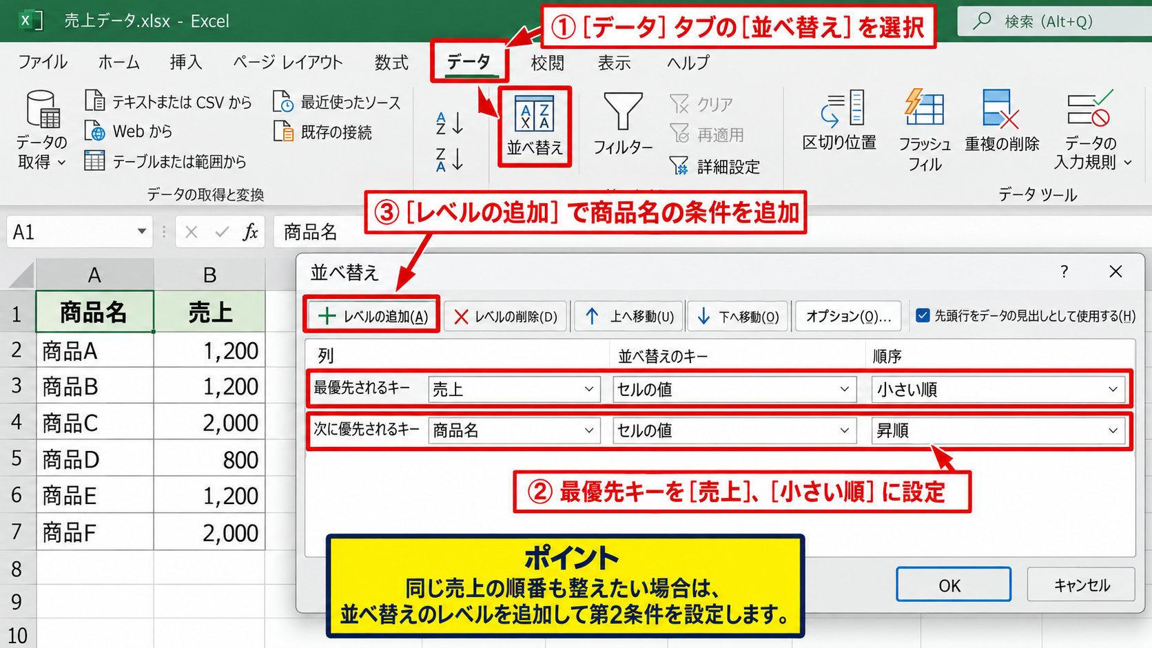 エクセルのグラフを昇順に並び替える方法 - 並べ替えダイアログで条件を指定する操作