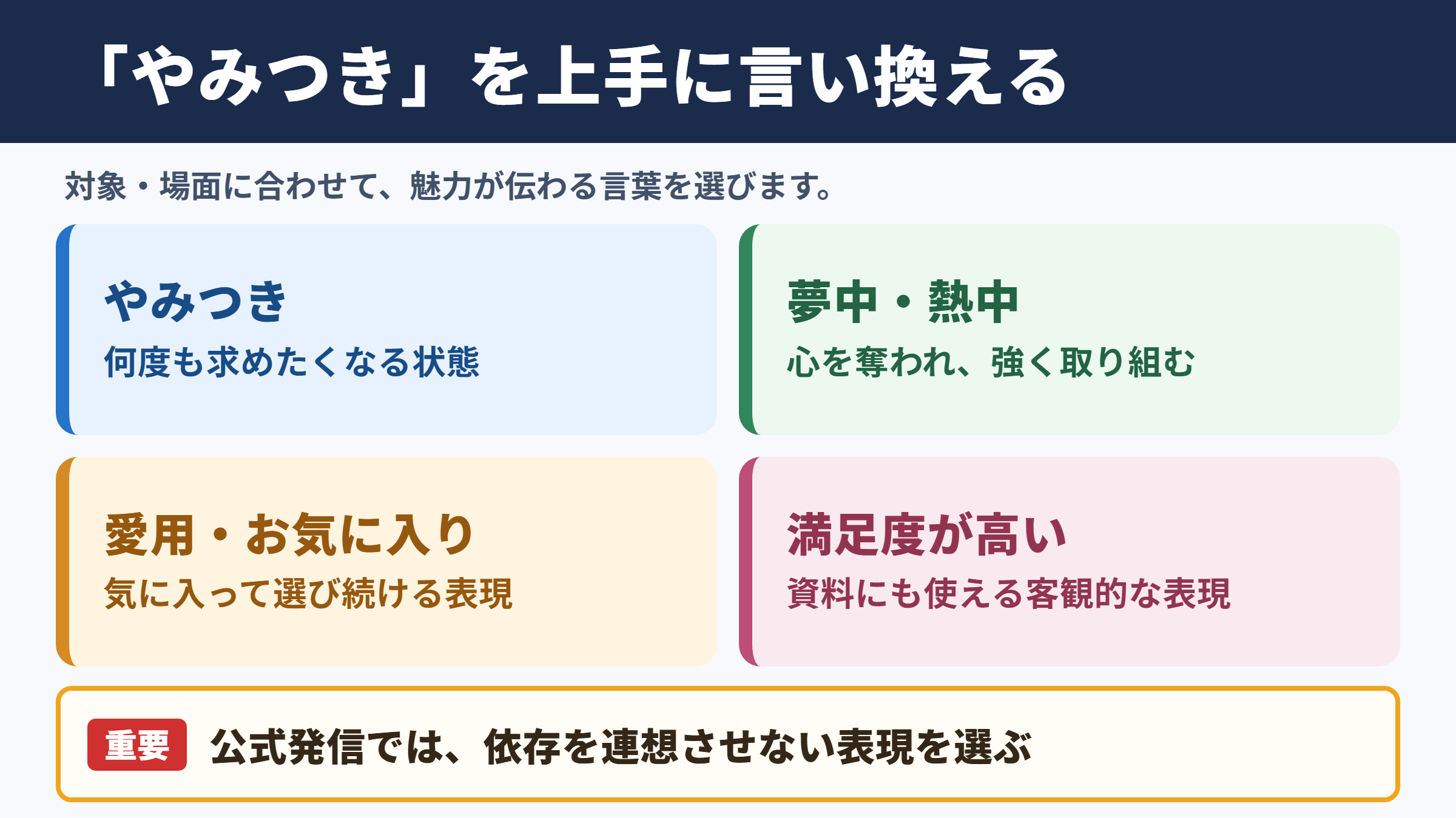 やみつきの言い換え一覧表と場面別の使い分け