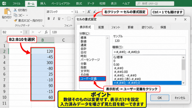 エクセルでプラス・マイナス記号を付ける方法【ユーザー定義の表示形式】 - ユーザー定義の表示形式を開く操作