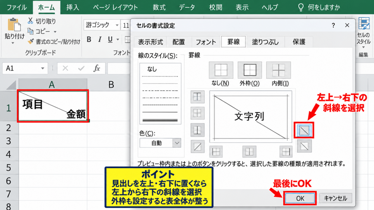 エクセルの斜め線に文字を入れる方法【セル内で改行を使う手順】 - セルの書式設定から斜め罫線を引く操作