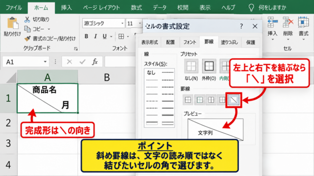 エクセルの斜め罫線を選ぶ方法 - 完成形から逆算する向きの判断