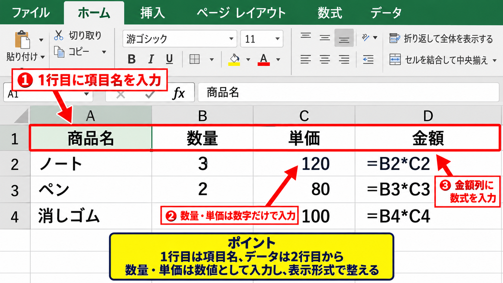 エクセルの計算表を作成する方法1【項目と数式を入力】 - 1行目にヘッダーを配置する手順