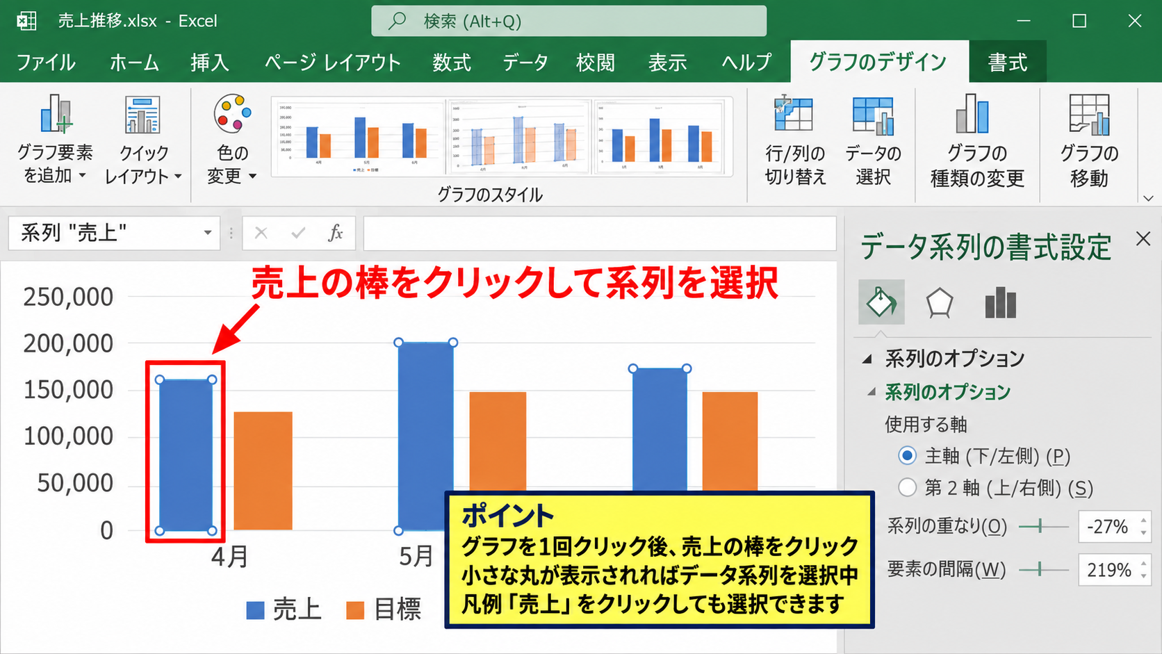 エクセルの棒グラフを太くする方法【要素の間隔の変更】 - グラフ内の棒を選択する操作