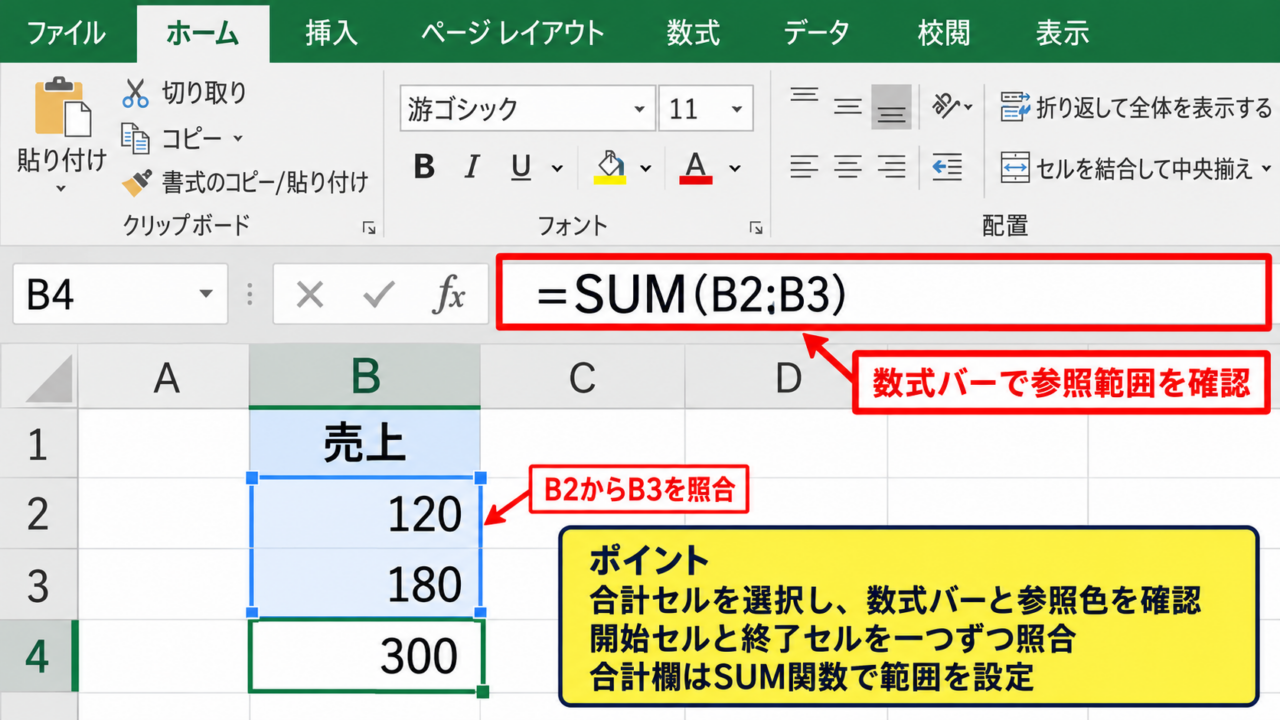 エクセルで計算が合わないときの確認手順 - 数式バーによる参照範囲の確認