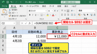 エクセルで累計を自動計算する方法【SUM関数と絶対参照】 - 開始セルへのSUM関数の入力
