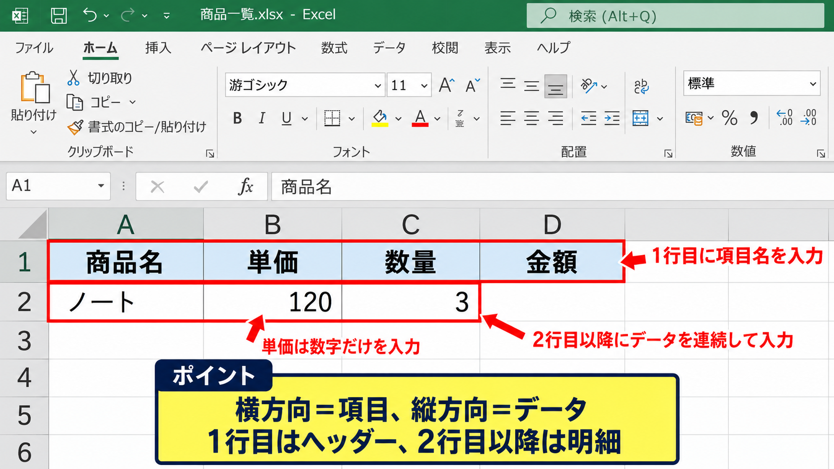 Excelで表を作る基本操作 - 見出し行とデータ行の入力